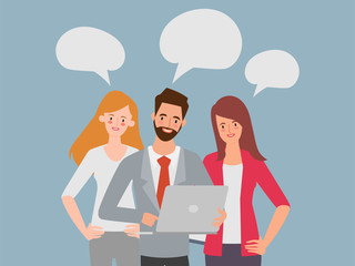 Men and women dressed in business clothes discussing ideas. Brainstorm or group discussion. Cartoon vector illustration in flat style.