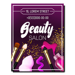 Beauty Salon Accessories Advertising Poster Vector. Vial Of Purple And Rose Nail Polish And Brushes Female Beauty Cosmetic. Paint Liquid And Sparkles On Background. Concept Template 3d Illustration