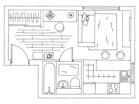 Home plan architecture interior graphic black white sketch illustration vector