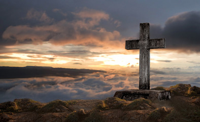 A wooden cross on a sunset background, jesus christ, abstract concept