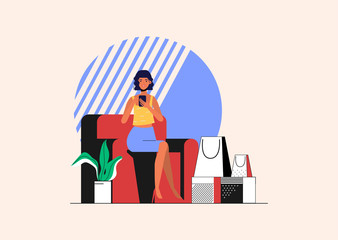 Young woman is shopping online and delivery box for the customer. Web landing page for sales.