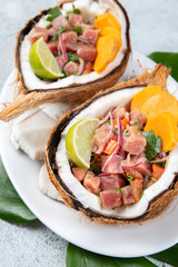 Easter island Tahitian, Hawaiian Tuna Ceviche with sweet potato in Natural zero waste coconuts plates