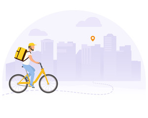 Food delivery vector illustration. Courier man on bicycle with yellow parcel box on the back. Route with dash line trace and finish point. Cityscape on background.