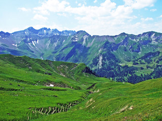 View of the Ratikon border alpine mountain massif or Rätikon Grenzmassiv (oder Raetikon) from...