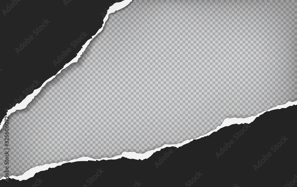Poster pieces of torn, ripped black diagonal paper with soft shadow are on grey squared background for text