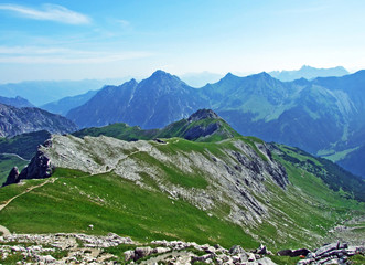 View of the Gamperdonatal Alpine Valley and the Austrian Alps from the Spitz Peak in the...