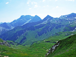 View of the Gamperdonatal Alpine Valley and the Austrian Alps from the Spitz Peak in the...