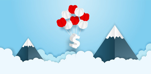 Business and finance concept. Dollar currency sign hanging with balloon on blue sky. paper art style. vector. illustration.