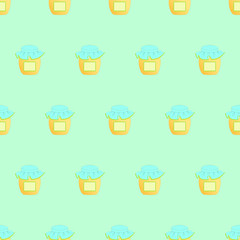 Home canning, food. Seamless pattern peach apricot sweet dessert jam juice honey, glass jar with a lid with a sticker label. Design for kitchen textiles, fabric, wrapping paper, packaging, tablecloth