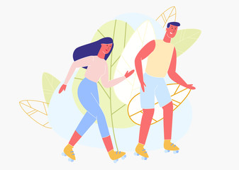 Happy Man and Woman Roller Skate in Park. Active Family Vacation. People in Park. Vector Illustration. Family Walks and Meetings. Spends Time Together. Funny Company. Sport Family. Park Area.