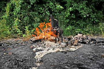 Active mud (clay and bitumen) volcano on the outskirts of the village Starunja in Carpathian....