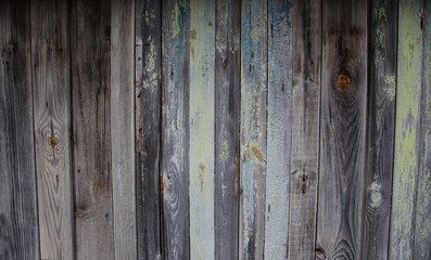 Battered, faded old vertical wooden planks of different widths with patches of knots and remnants of pastel green paint. Wooden abstract background, texture.