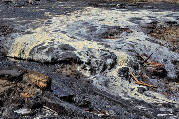 Deposits of ozocerite on the surface of the soil near the old oil wells.