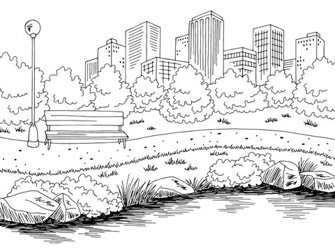 Park river graphic black white city landscape sketch illustration vector