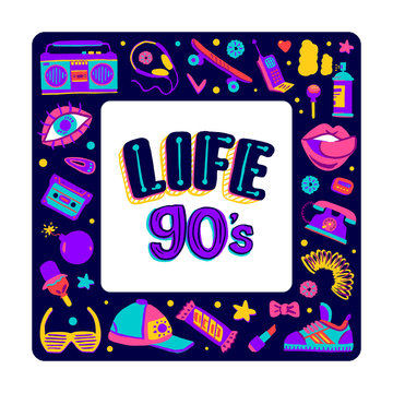 Frame retro icons elements in trendy 80s-90s goods set hand-drawn cartoon style. Vector