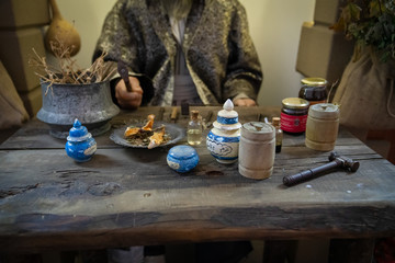 Amasya/Turkey- August 09 2019: Sabuncuoglu Serefeddin Museum Of Medicine And History (Sabuncuoglu Serefeddin Tip ve Tarih Muzesi in Turkish) with making medication