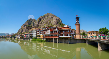 Panoramic Amasya city view, Turkey. Beautiful river landscape and Amasya city between mountains.