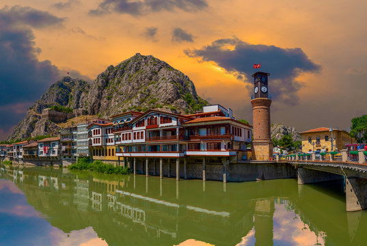 Panoramic Amasya city view in the evening, Turkey. Beautiful river landscape and Amasya city between mountains.