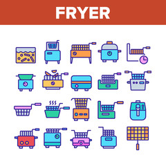 Fryer Electronic Tool Collection Icons Set Vector. Fryer Electric Equipment For Cooking Hot Fry Fat Potato And Chicken Food Concept Linear Pictograms. Color Illustrations