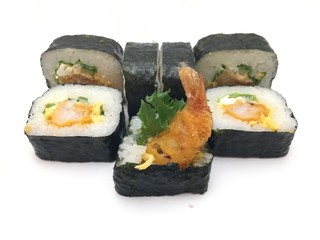 Sushi roll with  shrimp tempura. Japanese cuisine  Sushi Roll on a white background 
