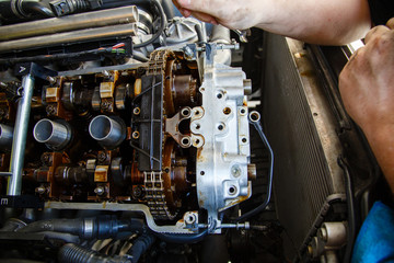 Closeup of in-line 6 engine repair work