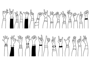 People hand design element in different post, Various gestures of human hands isolated on a white background., Hand  doodle design vector 