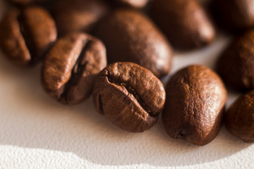 Close-up of coffee beans in natural light with focus on one