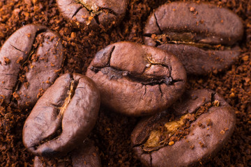macro photo of coffee beans mixed with ground coffee