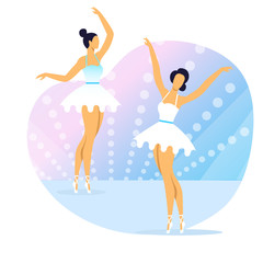 Professional Ballet Show Flat Vector Illustration. Graceful Ballerinas, Dancers Cartoon Characters. Young Women in Tutu and Pointe Shoes Performing Elegant Classical Dance. Exquisite Entertainment