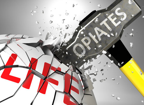 Opiates and destruction of health and life - symbolized by word Opiates and a hammer to show negative aspect of Opiates, 3d illustration