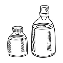 Two small bottles in engraving style. Hand drawn vector illustation. Black ink.