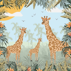 Giraffe in jungle wild illustration