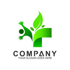 green medical cross with leaf and human for healthy family logo, family care, health and caring, clinic and pharmacy icon, family nutrition, hospital and wellness symbol