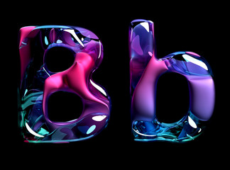 3d render of abstract art of surreal 3d letters uppercase and lowercase letter b in organic curve wavy shape in matte metal material with glass parts in purple blue pink gradient color on black back