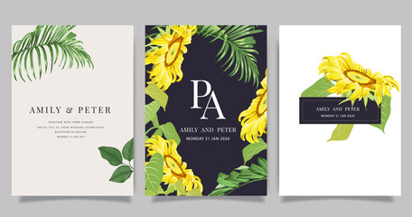Naklejka premium summer and tropical wedding invitation card, Social media page and Story, Party and invite card design collection. Natural Green and golden cover design vector illustration.