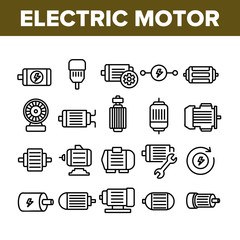 Electronic Motor Tool Collection Icons Set Vector. Electronic Motor Equipment Repair With Wrench, Lightning Mark On Engine Concept Linear Pictograms. Monochrome Contour Illustrations - obrazy, fototapety, plakaty