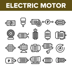 Deurstickers Electronic Motor Tool Collection Icons Set Vector. Electronic Motor Equipment Repair With Wrench, Lightning Mark On Engine Concept Linear Pictograms. Monochrome Contour Illustrations © vectorwin