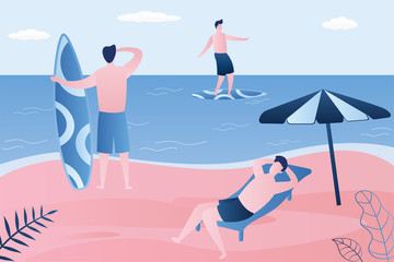 Ocean coast, men actively relax at sea. Two surfers with boards and male lies on a deck chair.