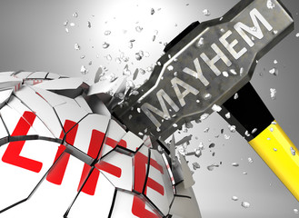 Mayhem and destruction of health and life - symbolized by word Mayhem and a hammer to show negative aspect of Mayhem, 3d illustration