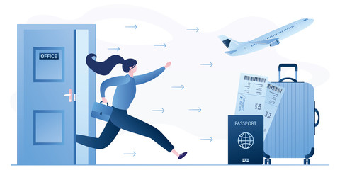 Businesswoman runs from office to travel and vacation. Suitcase,passport with boarding pass and aircraft takeoff.