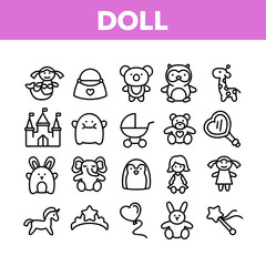 Fototapeta premium Doll Children Toys Collection Icons Set Vector. Playing Doll And Bear, Castle And Bag, Air Balloon And Mirror, Carriage And Unicorn Concept Linear Pictograms. Monochrome Contour Illustrations