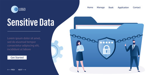 Sensitive Data landing page template. Businesspeople or programmers and security shield. - obrazy, fototapety, plakaty