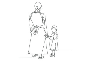 Black line drawing of mother and his daughter walking , Line art minimalist design