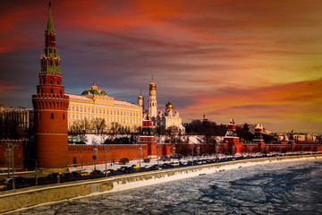 Kremlin and Ivan Great Bell Tower at winter in Moscow, Russia