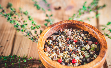 Spices in bowl. Mixed or various dried grains for food cooking