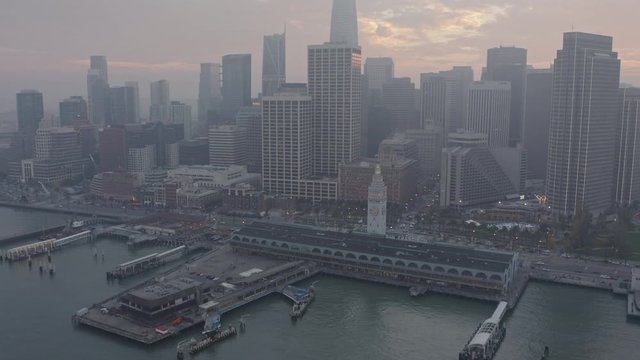 San Francisco Aerial v83 Short panning cityscape view facing Ferry Building and Market Street - December 2018