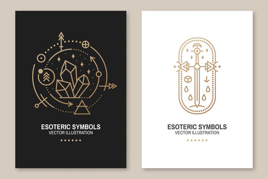 Gold esoteric symbols. Vector. Thin line geometric badge. Outline icon for alchemy or sacred geometry. Mystic and magic design with crystals, sun, star, old sword and moon