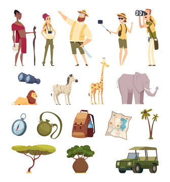 Travel safari. African wildlife adventure elements jungle animals cars compass bag pack. Illustration africa journey, elephant and native man, wildlife safari vector
