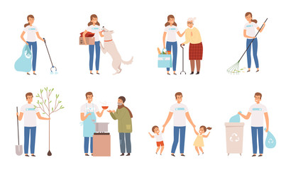 Volunteers characters. People social working and donation care weather protection of disability persons old man vector. Illustration help volunteer, social care service, community volunteering
