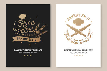 Set of Bakery shop badge. Vector. Concept for poster, flyer, bakery template. Design with chef hat , rolling pin, dough, wheat ears silhouette. For frames, packaging